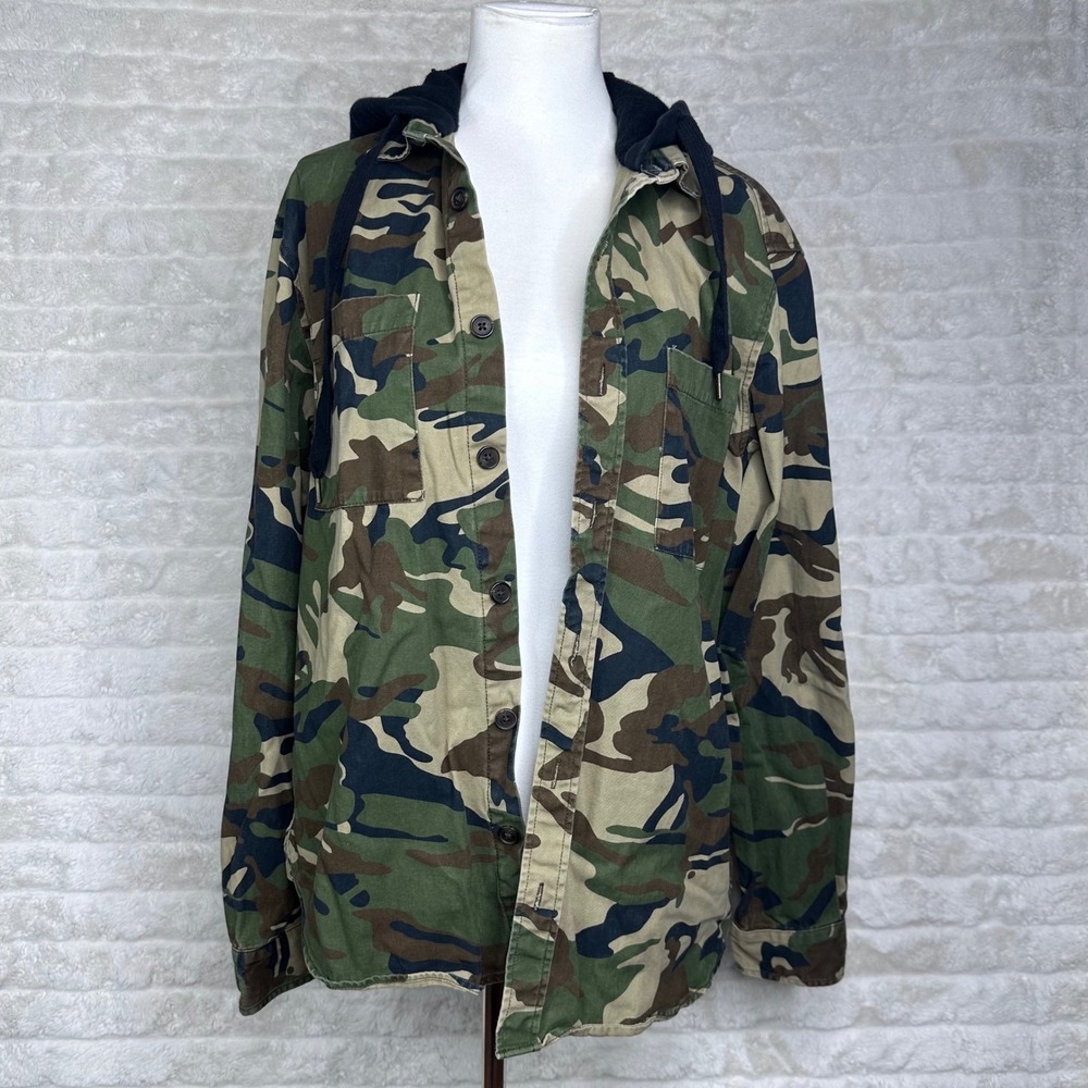 Forever 21 Men Camo Hooded Utility‎ Shirt Jacket Button Down Long Sleeve Size S